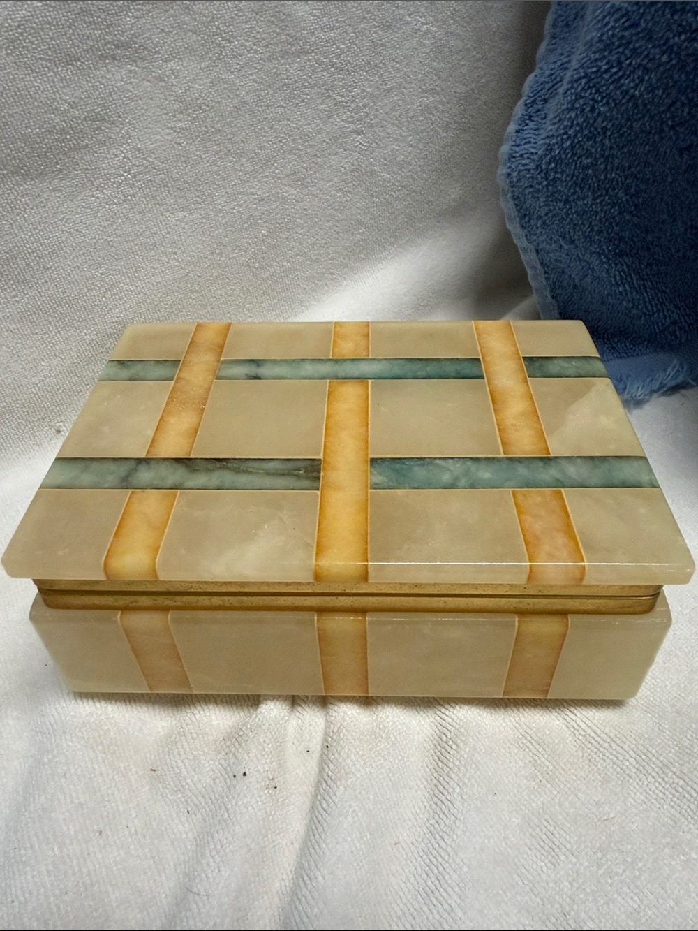 Vintage Onyx Trinket Box Green Amber Striped,  Hinged 6 Inch Stone Box